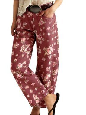 Women's Baggy Floral Barrel Jeans High Waisted Wide Leg Ankle Denim Pants